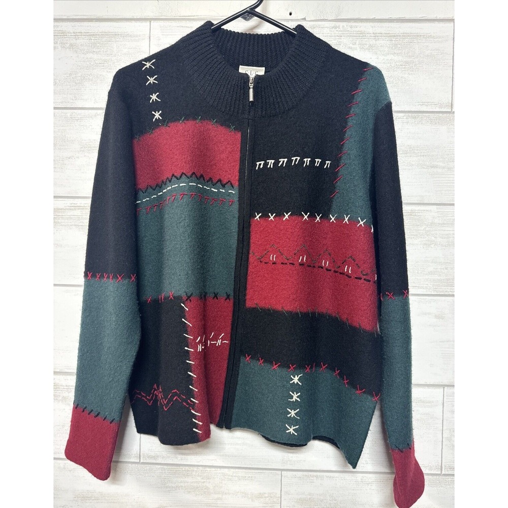 Vintage CLC Cricket Lane Women's 100% Wool Zip Cardigan Sweater Size Large